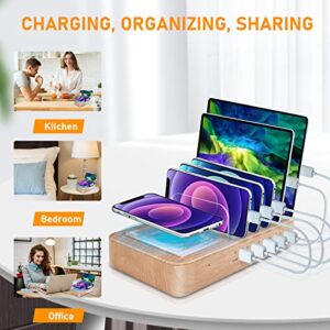 OTESS Fastest Charging Station for Multiple Devices, 5 USB Ports with 1 Qi Charging Pad, 6 Mixed Cable Included, for Apple/AirPods/iPad/Samsung/Android/Tablet