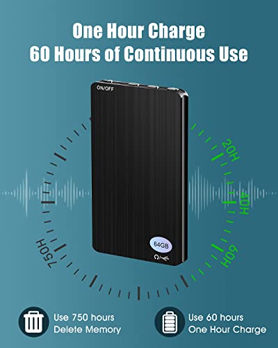 64GB Digital Mini Voice Recorder - PTILOTD Audio Recorder 750 Hours Recording Capacity Audio Recording Device MP3 Records with 60 Hours Battery Time for Work,Lectures, Meetings, Interviews