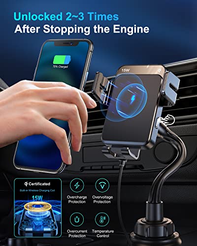 Wireless Car Charger, Cup Holder Wireless Charger, Tollefe 15W Qi Fast Charging Phone Holder, Auto Clamping Height Adjustable Non-Shaking Phone Mount for iPhone 14 13 12 Pro Max X XR, Samsung S22 S21