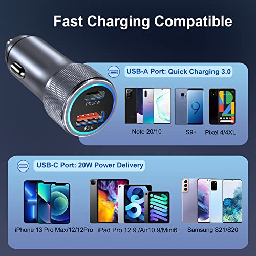 5 Pack USB C Car Charger, Bangfun 36W Dual USB Car Charger Adapter Fast Charge PD&QC 3.0 Cigarette Lighter USB Charger Compatible iPhone 14 13 12 11 Pro Max SE,iPad,Samung S21/S20, Pixel(Grey)