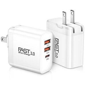 usb c charger 2pack, iseekerkit 30w 3-port fast type c wall charger block with pd 3.0 + 5v/2.4a foldable usb c charging block plug compatible for iphone 14/13/pro max/samsung galaxy/pixel 7-white