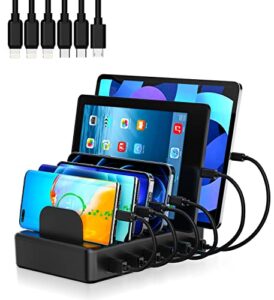 charging station for multiple devices, alfuel 50w 6 port usb charging station dock with 6 charging cables, charger station organizer for iphone, android, tablets, kindle, smart watch – black