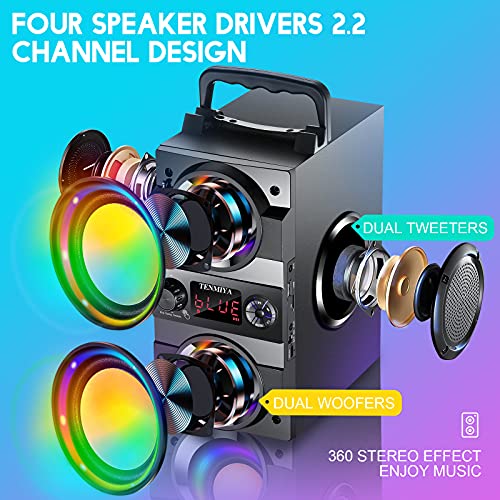 Bluetooth Speaker, 40W(60W Peak) Portable Bluetooth Speakers with Subwoofer Wireless Stereo Rich Bass Boombox with LED Lights Outdoor Home Party Speakers Support FM Radio Remote Control AUX EQ