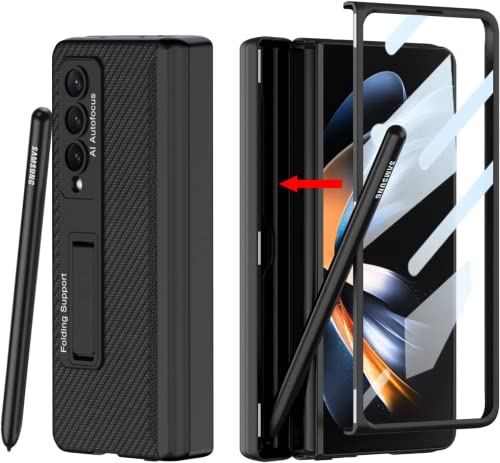 ELEPIK Armor PRO Series Case for Galaxy Z Fold 4 with Built-in Tempered Glass Screen Protector, Closed S Pen Holder [Avoid S Pen Lost], Hinge Protector, Kickstand, Wireless Charging (Black)