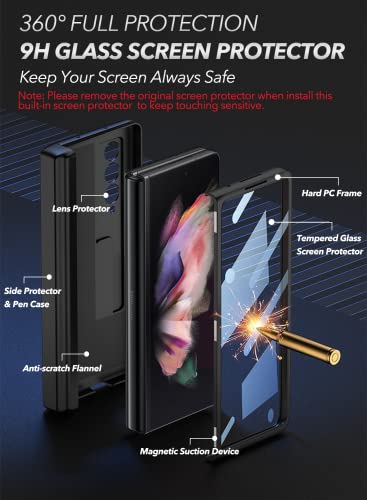 ELEPIK Armor PRO Series Case for Galaxy Z Fold 4 with Built-in Tempered Glass Screen Protector, Closed S Pen Holder [Avoid S Pen Lost], Hinge Protector, Kickstand, Wireless Charging (Black)