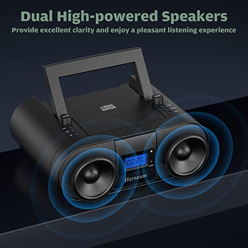 CD Player Portable, FM Radio with Dual Stereo Sound System, Rechargeable Bluetooth Boombox with Remote Control, Playback CD/CD-R/CD-RW/MP3, Support USB & AUX-in, Headphone Output