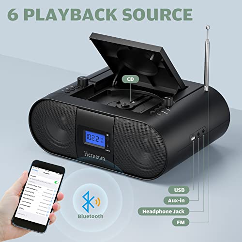 CD Player Portable, FM Radio with Dual Stereo Sound System, Rechargeable Bluetooth Boombox with Remote Control, Playback CD/CD-R/CD-RW/MP3, Support USB & AUX-in, Headphone Output