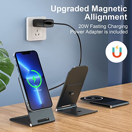 Magnetic Wireless Charger Compatible with iPhone 14-13-12 Series，Mag-Safe Charger + 20W USB-C Power Adapter, Folding Aluminum Alloy Wireless Charger Stand for Phone 14/13/12 Pro Max/Pro/Mini