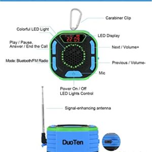 DuoTen Shower Speaker, IPX7 Waterproof Portable Bluetooth Wireless Speaker Shower Radio with Loud Stereo Sound, LED Display, Light Show, Suction Cup, Sturdy Hook for Home, Party, Outdoor, Travel, Pool