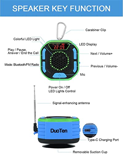 DuoTen Shower Speaker, IPX7 Waterproof Portable Bluetooth Wireless Speaker Shower Radio with Loud Stereo Sound, LED Display, Light Show, Suction Cup, Sturdy Hook for Home, Party, Outdoor, Travel, Pool