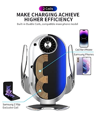 MAKAQI Wireless Car Charger, Cooling Fan Cup Holder Phone Mount Wireless Charger for Tesla, Smart Sensor Clamping Car Charger Mount for iPhone 14 13 12 Pro Max 11 10 8, Samsung Galaxy S23 S22 Flip4 3