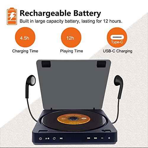 Portable CD Player with Headphone Rechargeable CD Player for Car with AUX Cable Support CD USB Dual Headphones Design Shockproof Protection Touch Buttons LED Display