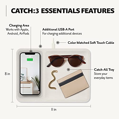 Courant Catch:3 Essentials - Belgian Linen Wireless Charger & Valet Tray - Qi-Certified, Compatible with iPhone 14, 13, 12, 11, Samsung Galaxy S23, S22, S21, S20, Note, AirPods, AirPods Pro (Natural)