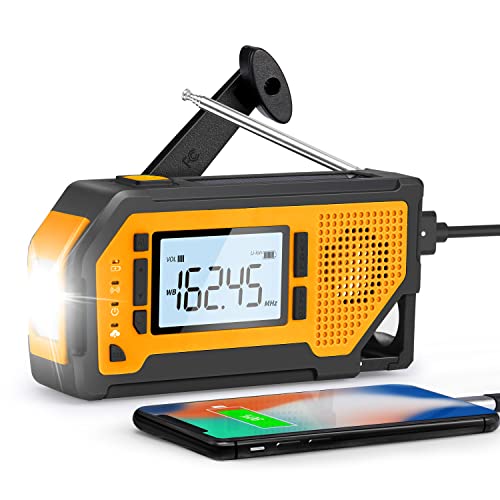 Emergency Weather Alert Radio with 2000mAh Emergency Phone Charge, Solar Hand Crank Radio with Earphone Jack, Battery Operated, SOS Alarm, LED Flashlight, Portable Survival Radio for Emergency