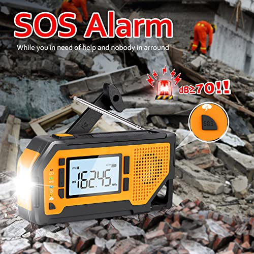 Emergency Weather Alert Radio with 2000mAh Emergency Phone Charge, Solar Hand Crank Radio with Earphone Jack, Battery Operated, SOS Alarm, LED Flashlight, Portable Survival Radio for Emergency