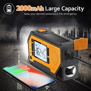 Emergency Weather Alert Radio with 2000mAh Emergency Phone Charge, Solar Hand Crank Radio with Earphone Jack, Battery Operated, SOS Alarm, LED Flashlight, Portable Survival Radio for Emergency