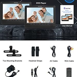 WONNIE 10.1'' Dual Car DVD Player Portable Headrest Video Players for Kids with 2 Mounting Brackets, 5 Hours Rechargeable Battery, Support USB/SD, AV Out& in, Last Memory(1 Player+1 Monitor)