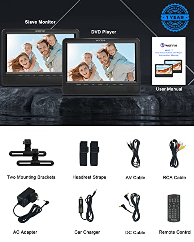 WONNIE 10.1'' Dual Car DVD Player Portable Headrest Video Players for Kids with 2 Mounting Brackets, 5 Hours Rechargeable Battery, Support USB/SD, AV Out& in, Last Memory(1 Player+1 Monitor)