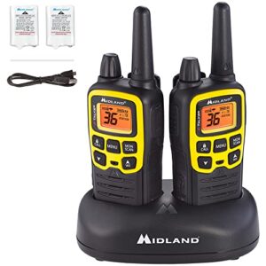 midland x-talker 36 channel frs two-way radio – long range walkie talkie, 121 privacy codes, & noaa weather scan + alert (black/yellow, 2-pack)