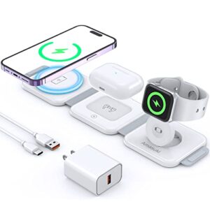 amasuki 3 in 1 magnetic wireless charger, foldable wireless charging station for travel, compatible with iphone 14 13 12 11/pro/pro max/xr/xs/x/8, airpods 3/2/pro,iwatch 7/6/5/4/3/2 (adapter included)