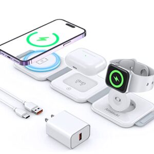 AMASUKI 3 in 1 Magnetic Wireless Charger, Foldable Wireless Charging Station for Travel, Compatible with iPhone 14 13 12 11/Pro/Pro Max/XR/XS/X/8, AirPods 3/2/Pro,iWatch 7/6/5/4/3/2 (Adapter Included)