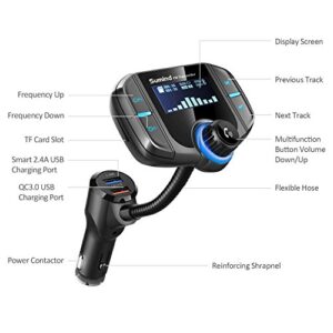 Car Adapter in-Car FM Transmitter, Wireless Radio Adapter 1.7 Inch Display, QC3.0/2.4A Dual USB Ports, AUX Output,Mp3 Player with Magnetic Mount and Plate