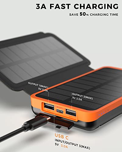 Solar Charger 26800mAh Power Bank, FEELLE 3 Outputs USB-C Portable Charger with 4 Foldable Solar Panels External Battery Pack for Cell Phone iPhone Camping Outdoor