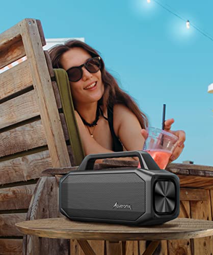 Alpatronix IPX6 Waterproof Stereo Bluetooth Speaker 80W (100W Max), Portable Wireless, 12000mAh Power Bank, Handsfree, Shockproof, TWS, Subwoofer, TF & Flash Card, NFC, AX600, Indoor & Outdoor – Black