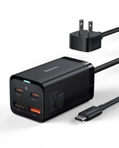 usb c charger, baseus 65w pd gan3 fast wall charger block, 4-ports [2usb-c + 2usb] charging station with 5ft ac cable for macbook pro/air, usb-c laptop, iphone 13/12, ipad pro, samsung galaxy, etc