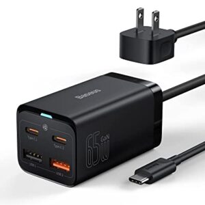 USB C Charger, Baseus 65W PD GaN3 Fast Wall Charger Block, 4-Ports [2USB-C + 2USB] Charging Station with 5ft AC Cable for MacBook Pro/Air, USB-C Laptop, iPhone 13/12, iPad Pro, Samsung Galaxy, etc