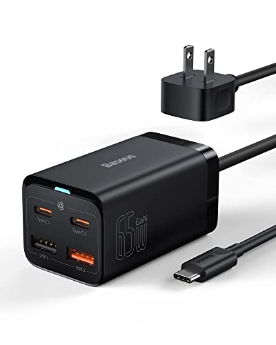 USB C Charger, Baseus 65W PD GaN3 Fast Wall Charger Block, 4-Ports [2USB-C + 2USB] Charging Station with 5ft AC Cable for MacBook Pro/Air, USB-C Laptop, iPhone 13/12, iPad Pro, Samsung Galaxy, etc