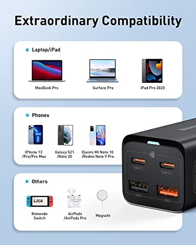 USB C Charger, Baseus 65W PD GaN3 Fast Wall Charger Block, 4-Ports [2USB-C + 2USB] Charging Station with 5ft AC Cable for MacBook Pro/Air, USB-C Laptop, iPhone 13/12, iPad Pro, Samsung Galaxy, etc