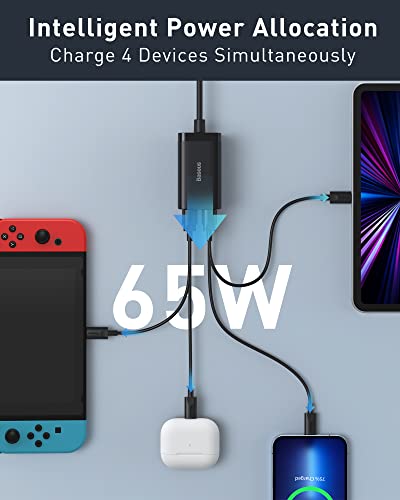 USB C Charger, Baseus 65W PD GaN3 Fast Wall Charger Block, 4-Ports [2USB-C + 2USB] Charging Station with 5ft AC Cable for MacBook Pro/Air, USB-C Laptop, iPhone 13/12, iPad Pro, Samsung Galaxy, etc