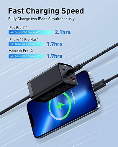 USB C Charger, Baseus 65W PD GaN3 Fast Wall Charger Block, 4-Ports [2USB-C + 2USB] Charging Station with 5ft AC Cable for MacBook Pro/Air, USB-C Laptop, iPhone 13/12, iPad Pro, Samsung Galaxy, etc