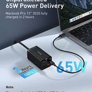 USB C Charger, Baseus 65W PD GaN3 Fast Wall Charger Block, 4-Ports [2USB-C + 2USB] Charging Station with 5ft AC Cable for MacBook Pro/Air, USB-C Laptop, iPhone 13/12, iPad Pro, Samsung Galaxy, etc