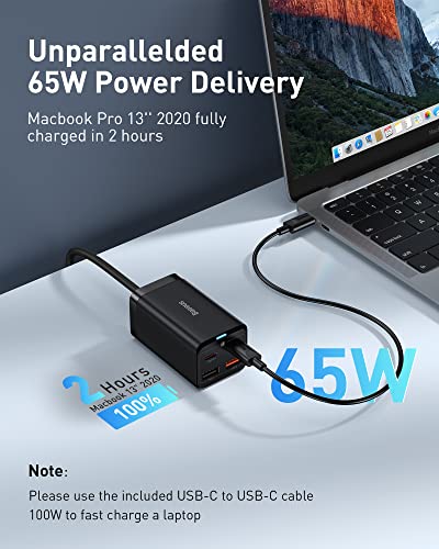 USB C Charger, Baseus 65W PD GaN3 Fast Wall Charger Block, 4-Ports [2USB-C + 2USB] Charging Station with 5ft AC Cable for MacBook Pro/Air, USB-C Laptop, iPhone 13/12, iPad Pro, Samsung Galaxy, etc