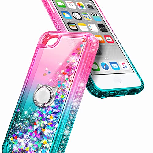 NGB iPod Touch 7 Case, iPod Touch 6/5 Case with HD Screen Protector and Ring Holder for Girls Women Kids, Glitter Liquid Soft TPU Clear Cute Case for Apple iPod Touch 7th/6th/5th Generation -Pink/Aqua