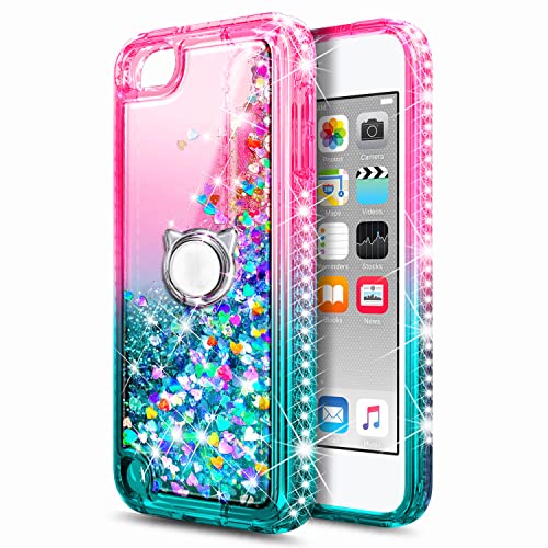 NGB iPod Touch 7 Case, iPod Touch 6/5 Case with HD Screen Protector and Ring Holder for Girls Women Kids, Glitter Liquid Soft TPU Clear Cute Case for Apple iPod Touch 7th/6th/5th Generation -Pink/Aqua