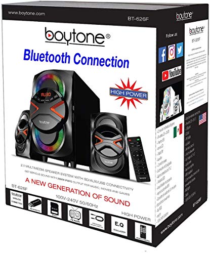 Boytone BT-626F, 2.1 Bluetooth Powerful Home Audio Speaker System, with FM Radio, SD Slot, USB Ports, Digital Playback, 54 Watts, Disco Lights, Remote Control, for Smartphone, Tablet. 110/220V