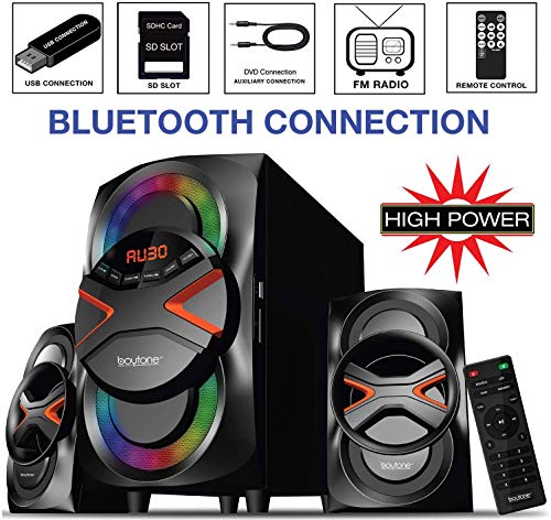 Boytone BT-626F, 2.1 Bluetooth Powerful Home Audio Speaker System, with FM Radio, SD Slot, USB Ports, Digital Playback, 54 Watts, Disco Lights, Remote Control, for Smartphone, Tablet. 110/220V