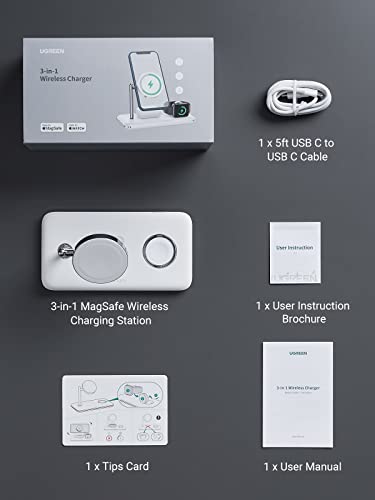 UGREEN MFi-Certified 25W 3-in-1 MagSafe Wireless Charging Station, 15W Fast Charging for iPhone 14/13/12 MagSafe Series, Compatible with Apple Watch, AirPods Series (No AC Adapter)