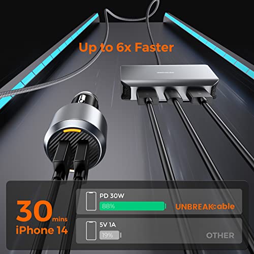 6 Multi Ports USB C Car Charger, 96W Fast Car Charger Adapter for Multiple Devices, PD 3.0 Cigarette Lighter for Back Seat Charging [6FT Cable] for iPhone 14 13 12 11 Pro Max Mini XR X SE Samsung S22