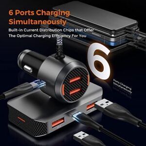 6 Multi Ports USB C Car Charger, 96W Fast Car Charger Adapter for Multiple Devices, PD 3.0 Cigarette Lighter for Back Seat Charging [6FT Cable] for iPhone 14 13 12 11 Pro Max Mini XR X SE Samsung S22