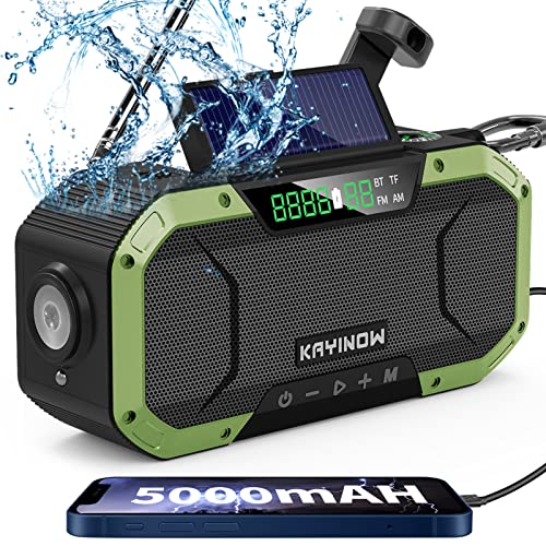 Emergency Hand Crank Solar Radio,Waterproof Bluetooth Speaker,AM FM NOAA Portable Digital Weather Radio with Flashlight,Reading Lamp,5000mAh Cell Phone Charger,SOS Alarm,Compass,Survival Camping Gear