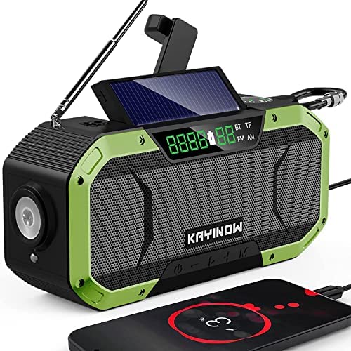 Emergency Hand Crank Solar Radio,Waterproof Bluetooth Speaker,AM FM NOAA Portable Digital Weather Radio with Flashlight,Reading Lamp,5000mAh Cell Phone Charger,SOS Alarm,Compass,Survival Camping Gear