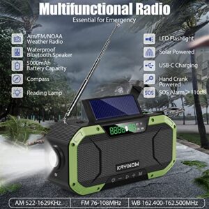 Emergency Hand Crank Solar Radio,Waterproof Bluetooth Speaker,AM FM NOAA Portable Digital Weather Radio with Flashlight,Reading Lamp,5000mAh Cell Phone Charger,SOS Alarm,Compass,Survival Camping Gear