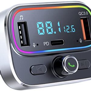 Bluetooth FM Transmitter for Car Wireless Radio Adapter Kit, Hands-Free Calling Dual Microphone, Car USB Charger QC 3.0 & PD 20 W for All Smartphones Audio Players, Supports TF/SD Card and USB Disk