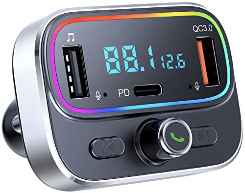 Bluetooth FM Transmitter for Car Wireless Radio Adapter Kit, Hands-Free Calling Dual Microphone, Car USB Charger QC 3.0 & PD 20 W for All Smartphones Audio Players, Supports TF/SD Card and USB Disk