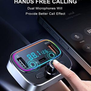 Bluetooth FM Transmitter for Car Wireless Radio Adapter Kit, Hands-Free Calling Dual Microphone, Car USB Charger QC 3.0 & PD 20 W for All Smartphones Audio Players, Supports TF/SD Card and USB Disk