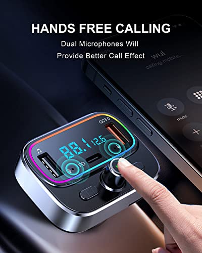 Bluetooth FM Transmitter for Car Wireless Radio Adapter Kit, Hands-Free Calling Dual Microphone, Car USB Charger QC 3.0 & PD 20 W for All Smartphones Audio Players, Supports TF/SD Card and USB Disk